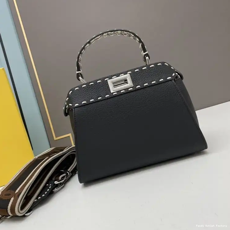 Vintage HOT Peekaboo In Stitching Fendi Black Leather Iconic Mini Calf Bag 0622